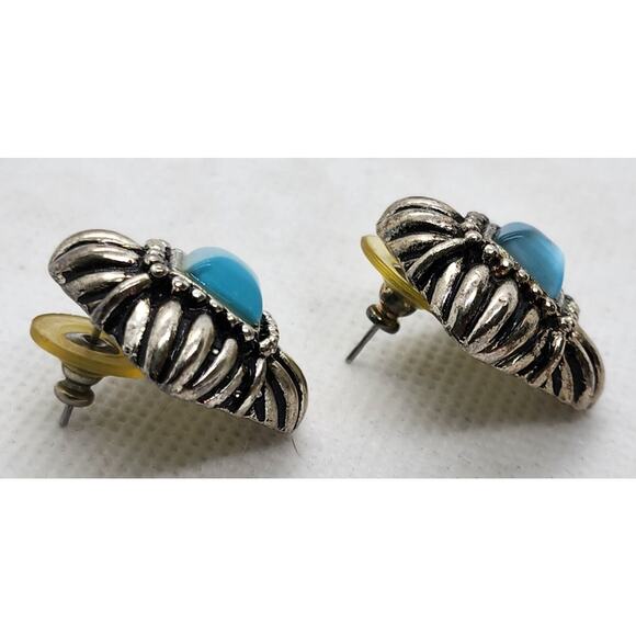 EARRINGS-Silver Tone with Blue "Stones"-Silver With Black Chunky Square-Pierced - Picture 6 of 8